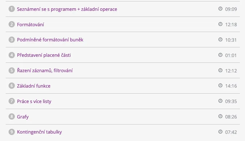 Ukázka lekcí online kurzu Excel pro začátečníky
