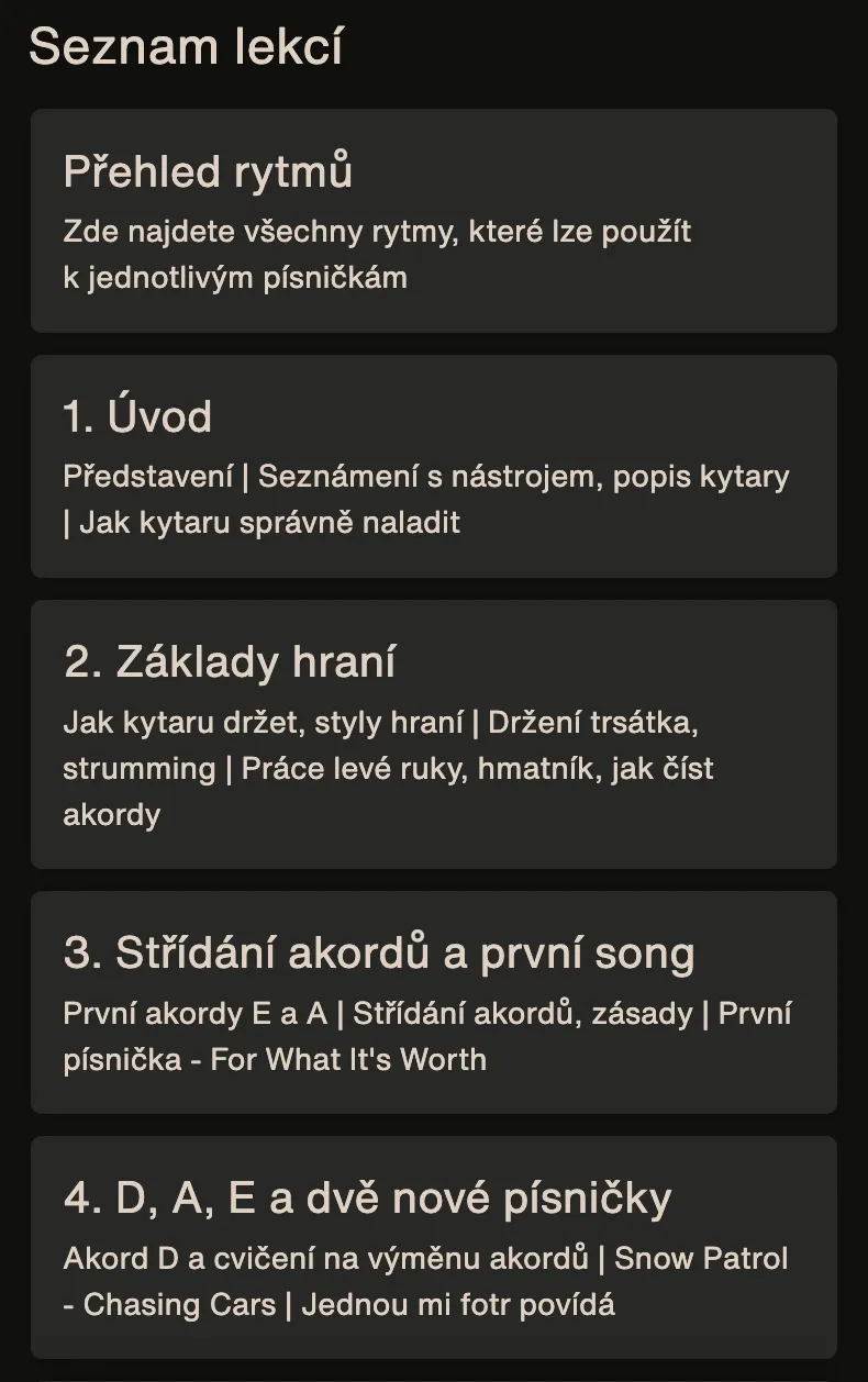 Ukázka lekce z kurzu hry na kytaru s akordy k oblíbeným písničkám