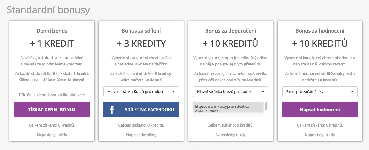 Přehled standardních bonusů ve věrnostním programu Kurzů pro radost