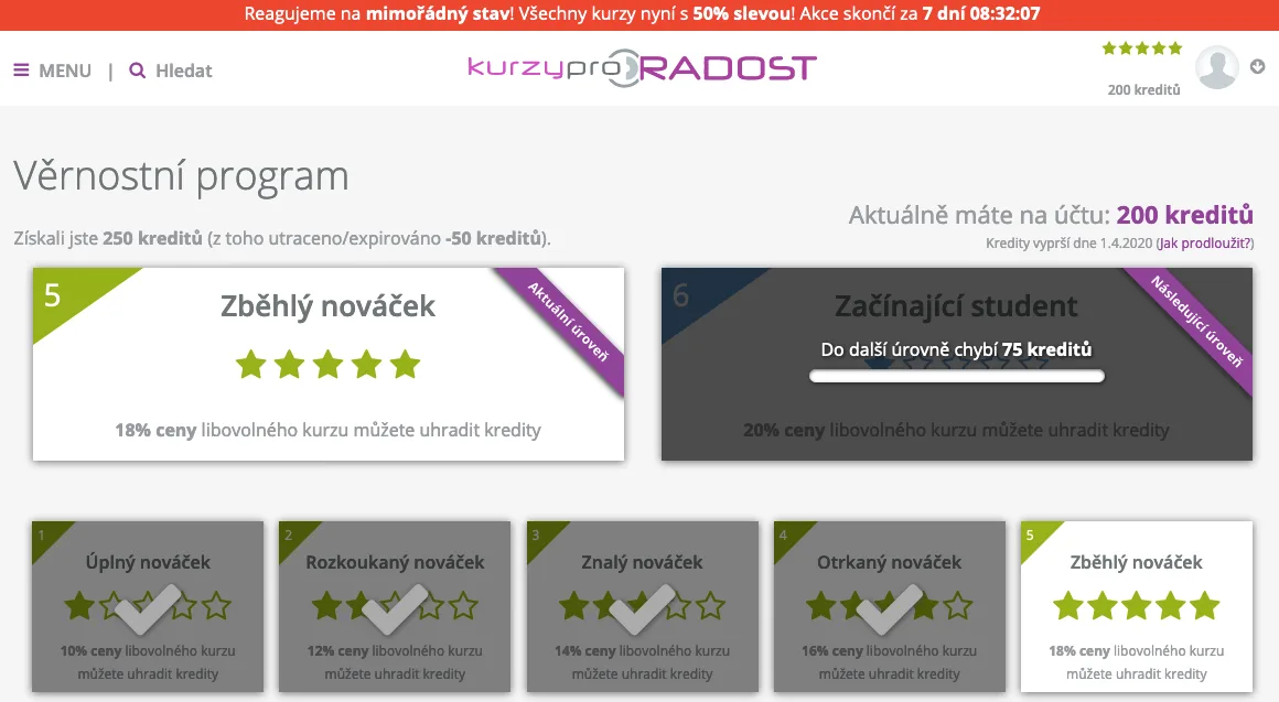 Věrnostní program Kurzů pro radost se sběrem kreditů a slevami až 90 procent