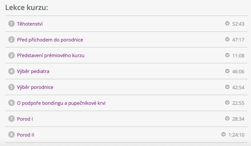 Seznam lekcí kurzu Porod bez obav na Kurzech pro radost